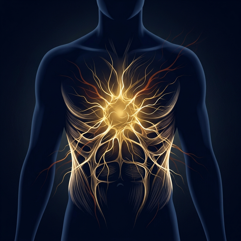 Abstract illustration showing the internal effects of high cortisol, depicting core stress and muscle degradation