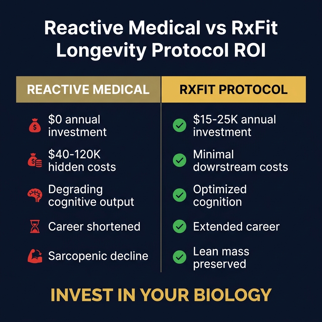 Comparison chart showing the Return on Investment of the RxFit Longevity Protocol versus a reactive medical approach