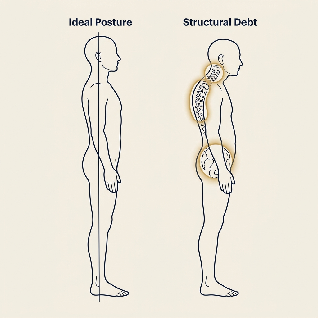 Diagram comparing ideal posture with structural debt, highlighting forward head posture and kyphosis